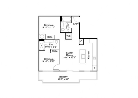 A floor plan of a house with a bedroom, entry, w/d, kitchen, and living/dining area.